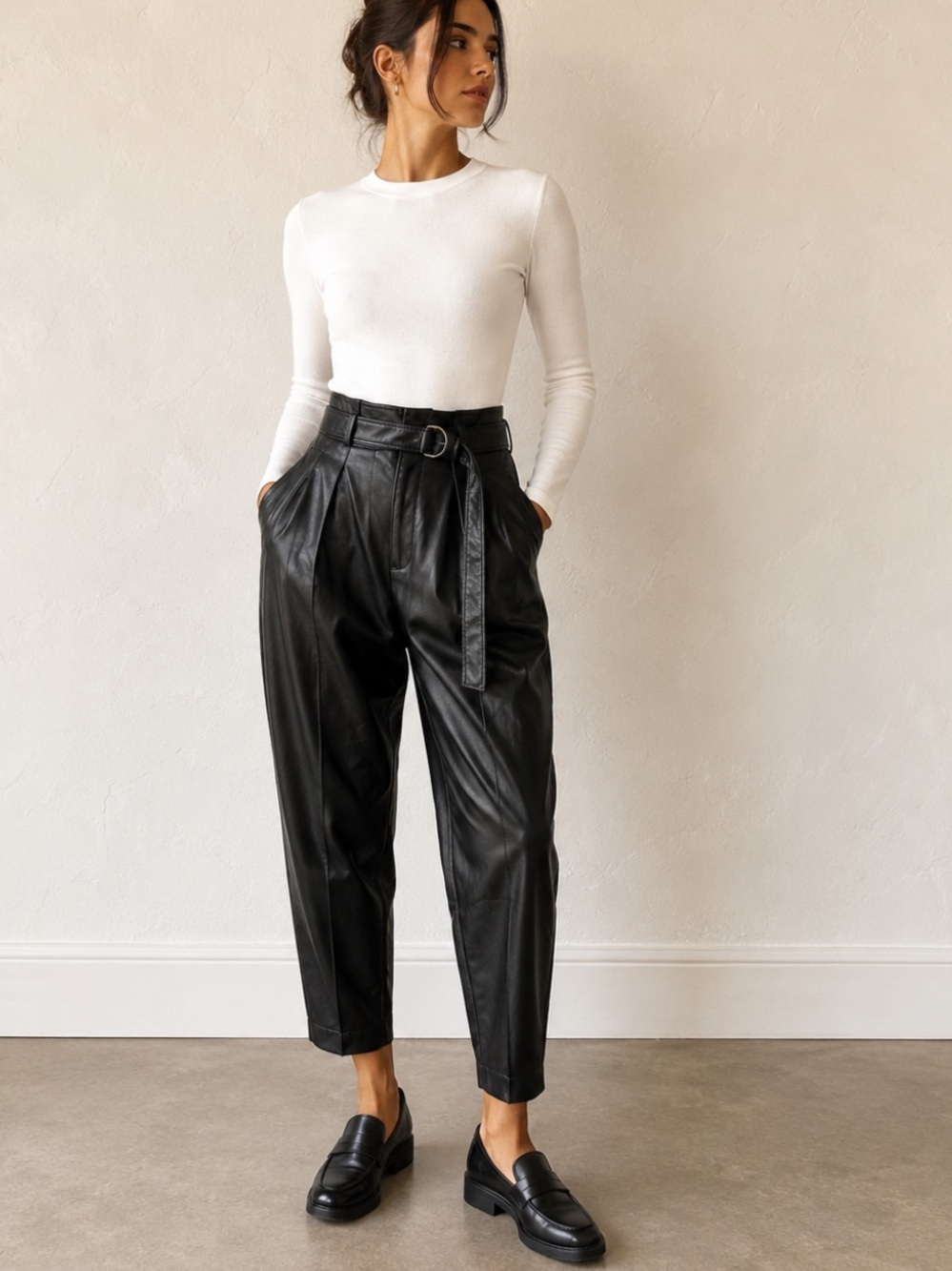 Aritzia Babaton Mayne Faux Leather Belted Pants Black Size 10